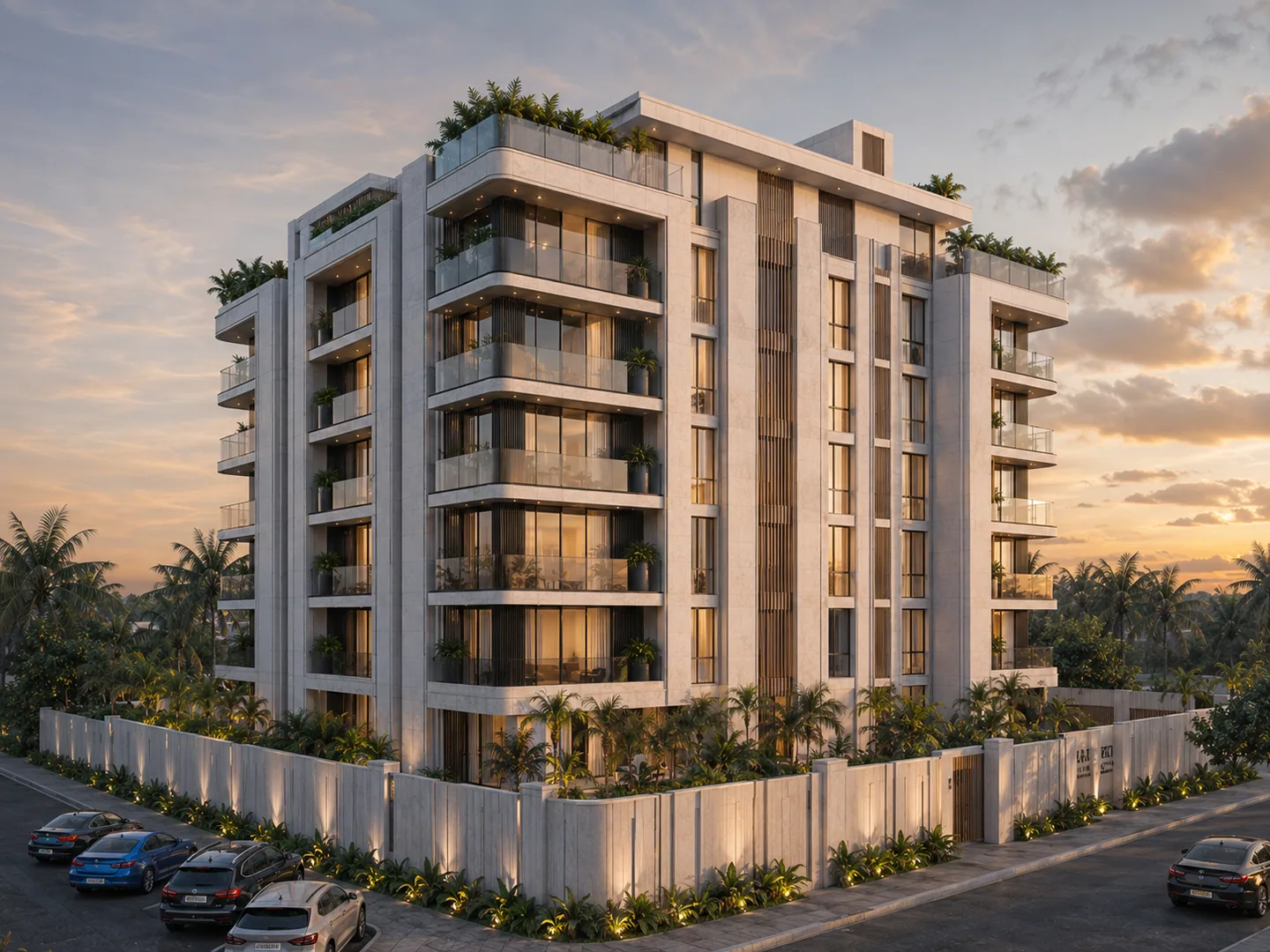 Closer, more frontal 3/4 aerial exterior view at sunset, no text overlay, full facade and landscaping visible.