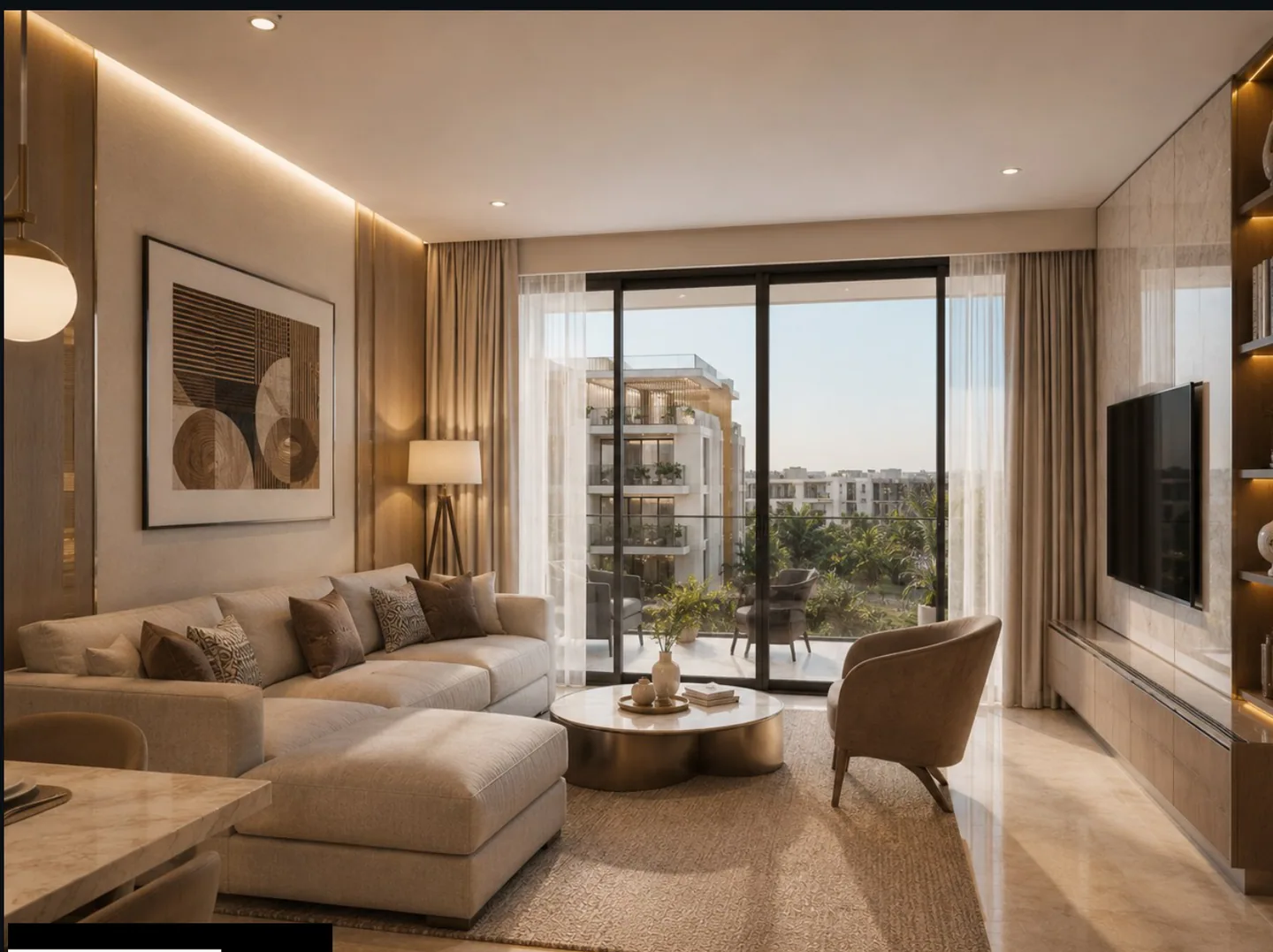 The living, dining and kitchen as a single open run: sectional sofa and round coffee table, wall-mounted TV on a stone feature wall, sliding doors to the terrace, dining table at the far end.