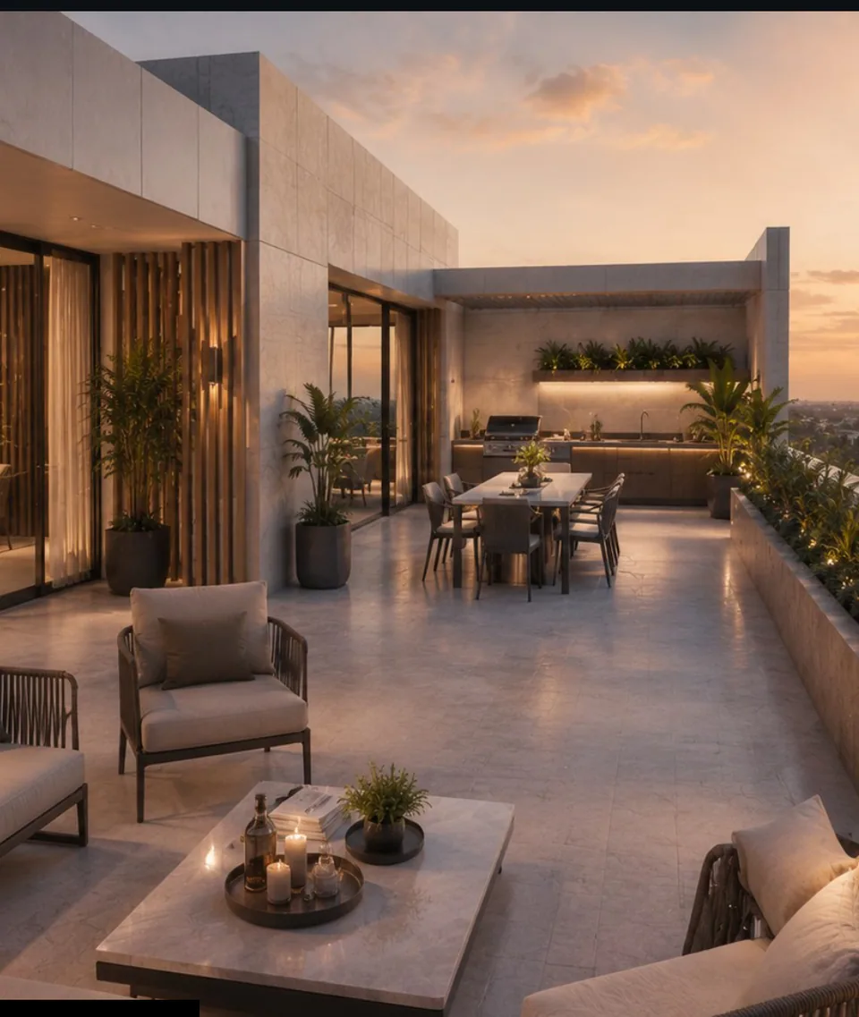 Shared roof terrace at sunset: outdoor lounge seating around a low table with candles, a long dining table beyond, built-in outdoor kitchen counter along the wall, planters and sliding glazing to the stair core.